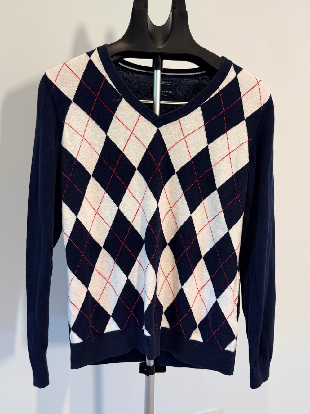 Tommy Hilfiger Navy Argyle Pima Cotton V-Neck Sweater